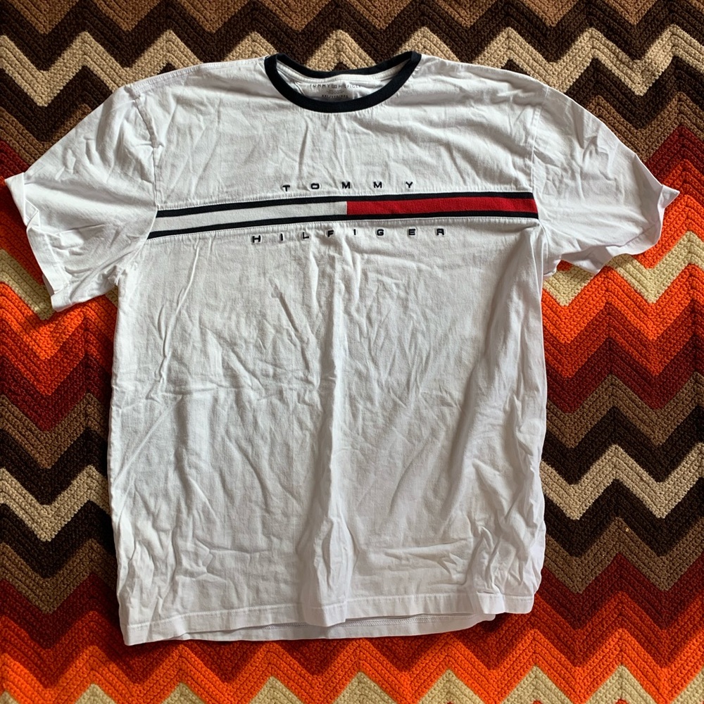 Tommy Hilfiger White Tee with Black and Red Accents
